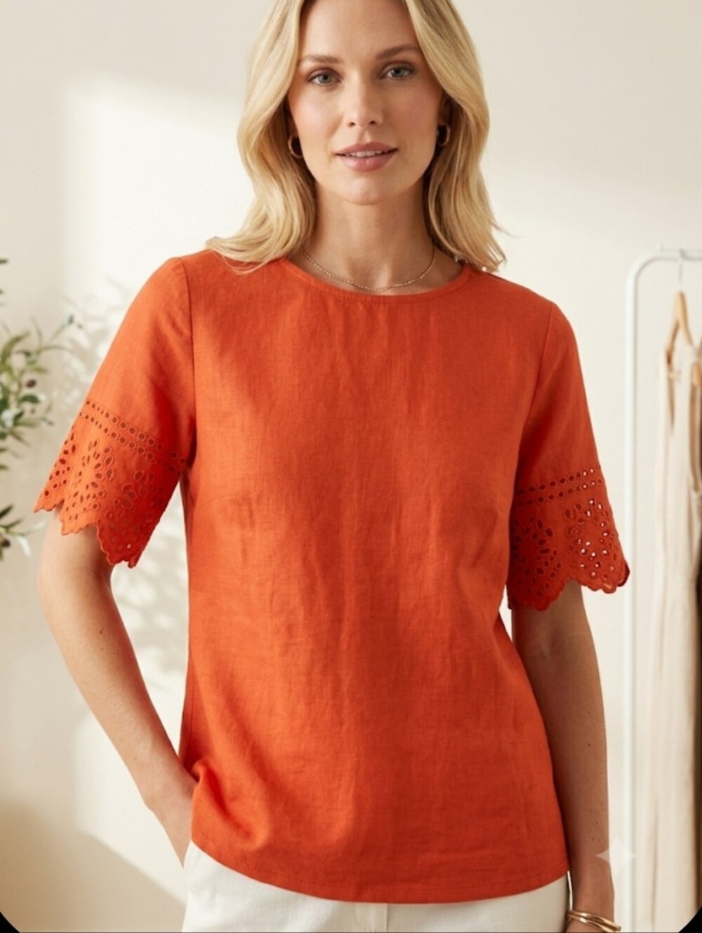 J. CREW Bright Orange Round Neck Eyelet Flutter Sleeve Blouse Size S LIKE NEW